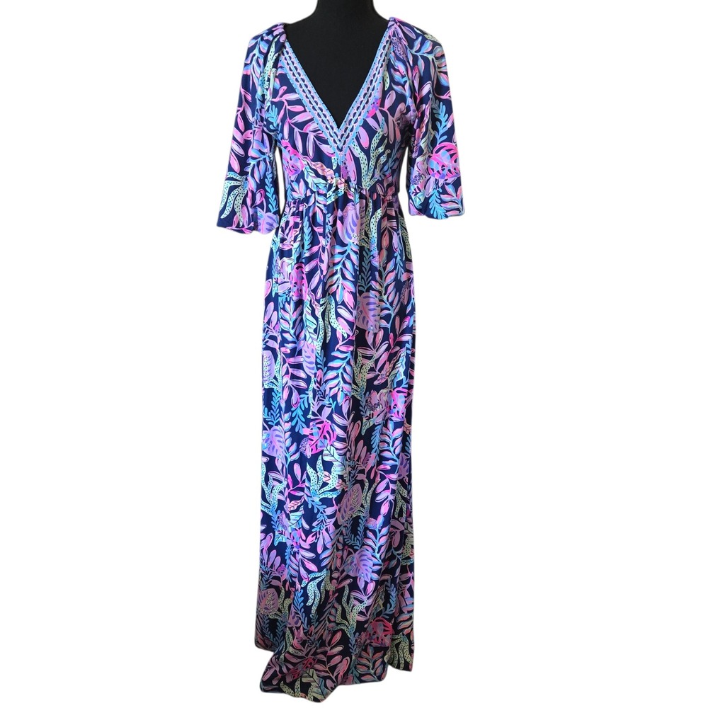 Lilly Pulitzer Manuela Maxi Dress Oyster Bay Navy Tropical Floral Pink Size M